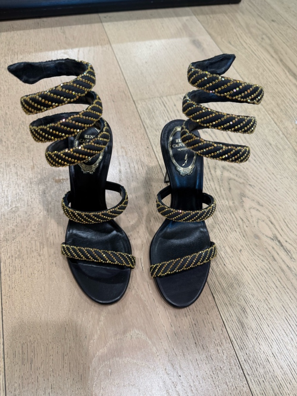 Rene Caovilla Black and Gold Spiral Wrap Stiletto Sandals